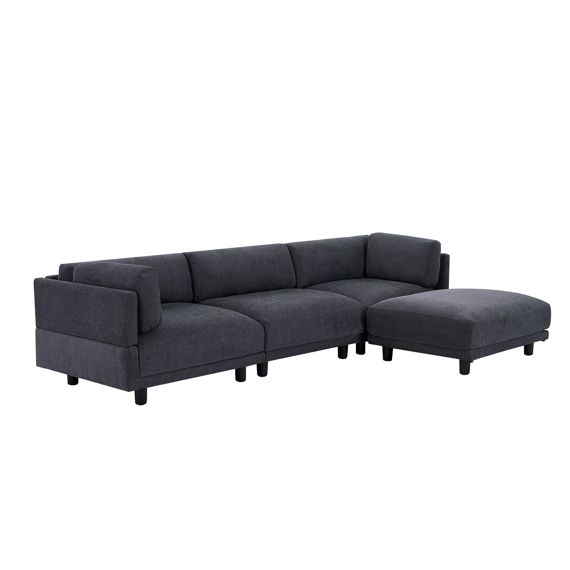 Canapé d'angle en polyester en forme de L de 260 cm avec pouf réversible, coussins épais et pieds en plastique durables.