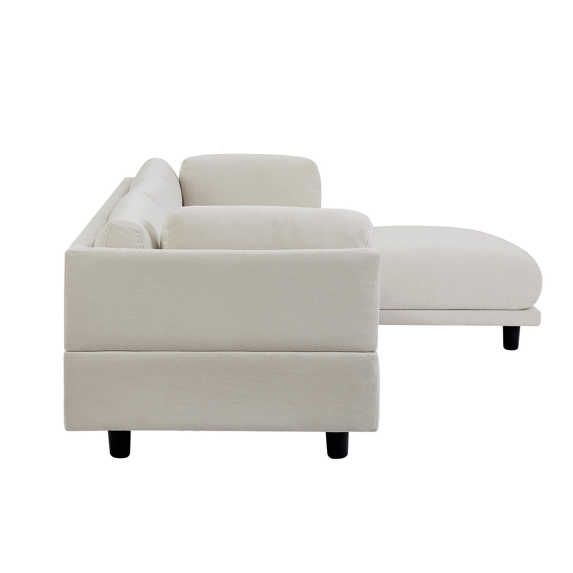 Canapé d'angle en polyester en forme de L de 260 cm avec pouf réversible, coussins moelleux et base en plastique robuste.