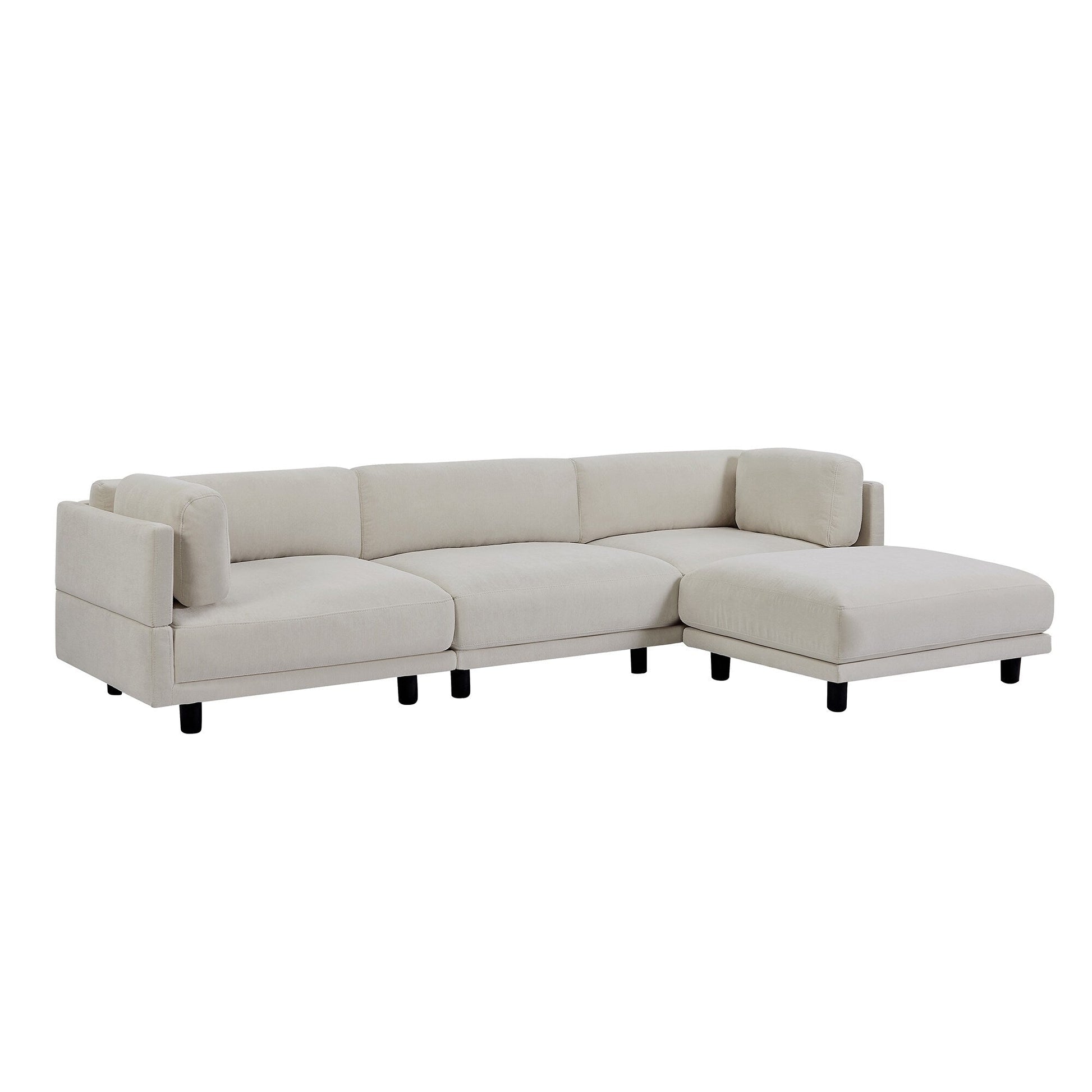 Canapé d'angle en polyester en forme de L de 260 cm avec pouf réversible, coussins moelleux et base en plastique robuste.