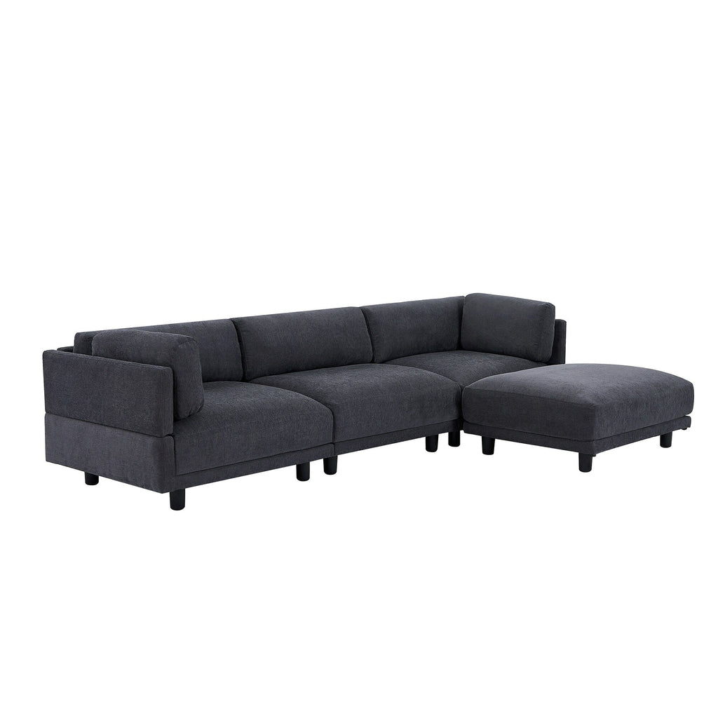 Canapé d'angle en polyester en forme de L de 260 cm avec pouf réversible, coussins moelleux et base en plastique robuste.