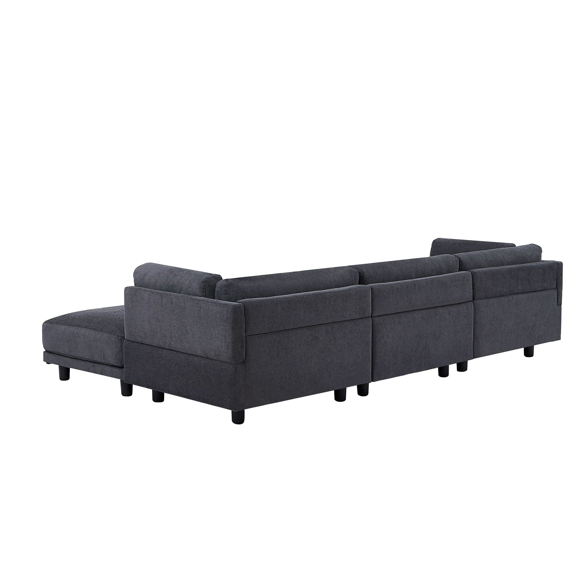 Canapé d'angle en polyester en forme de L de 260 cm avec pouf réversible, coussins moelleux et base en plastique robuste.