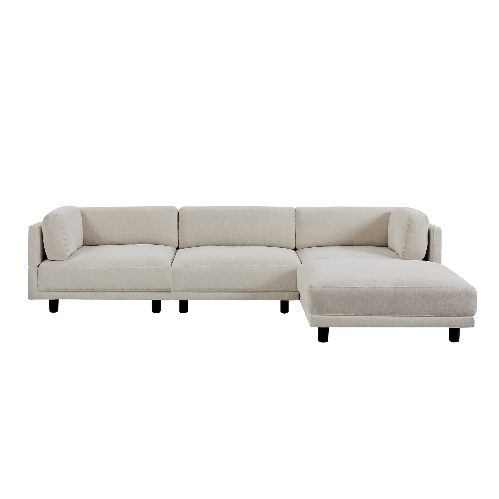 Canapé d'angle en polyester en forme de L de 260 cm avec pouf réversible, coussins moelleux et base en plastique robuste.