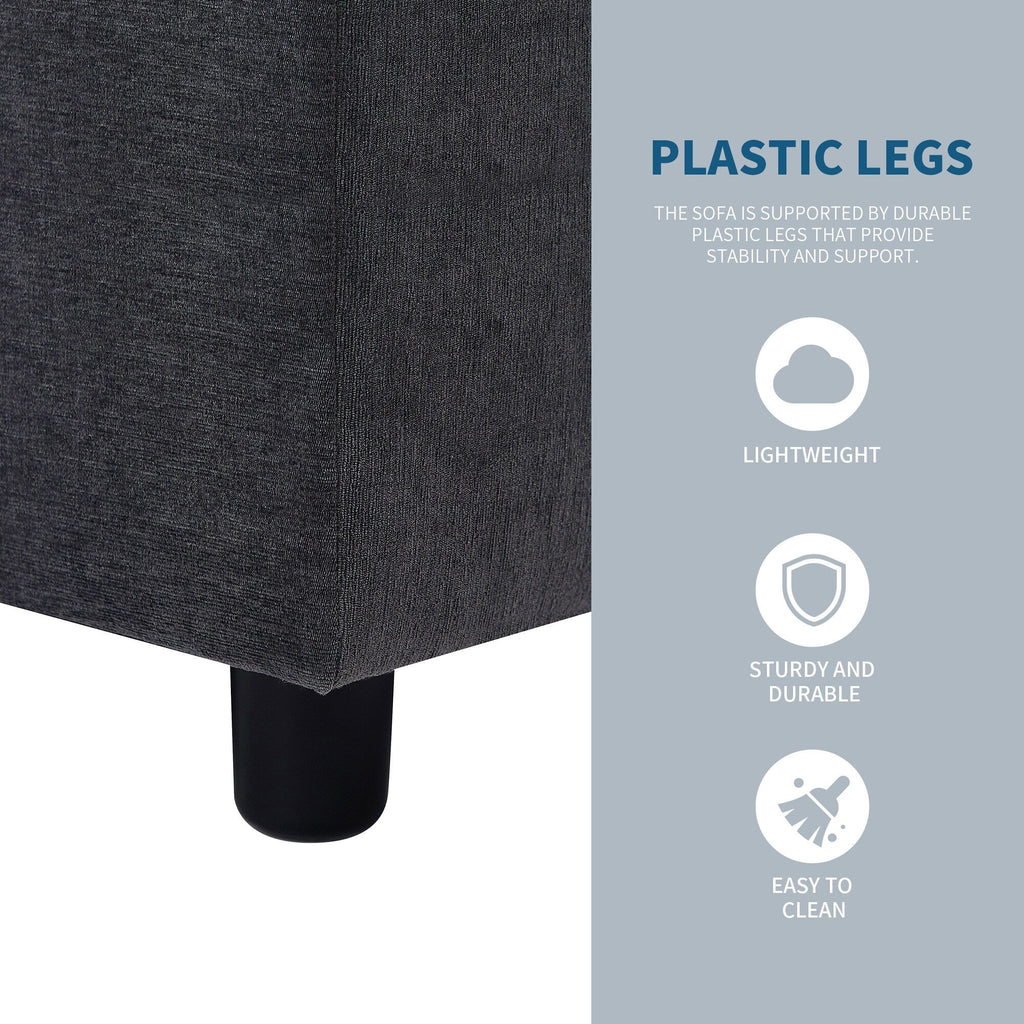 Canapé d'angle en polyester en forme de L de 260 cm avec pouf réversible, coussins moelleux et base en plastique robuste.