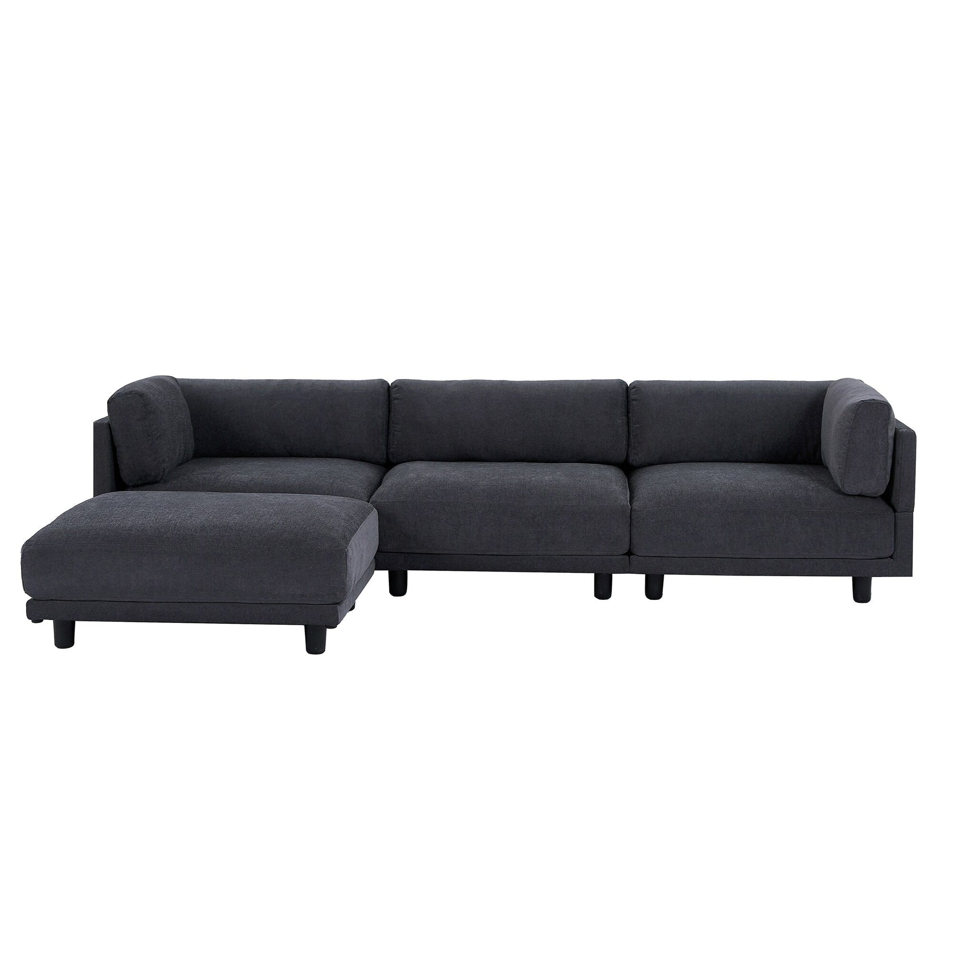 Canapé d'angle en polyester en forme de L de 260 cm avec pouf réversible, coussins moelleux et base en plastique robuste.
