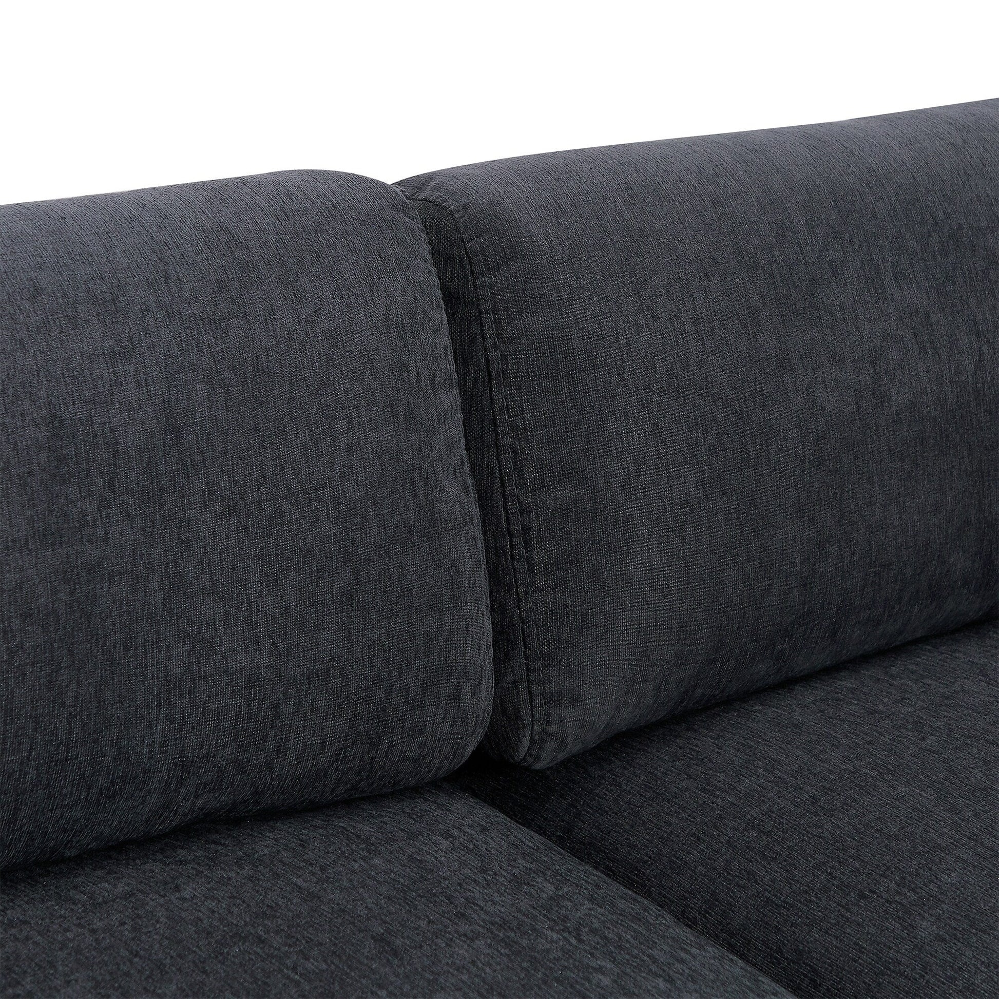 Canapé d'angle en polyester en forme de L de 260 cm avec pouf réversible, coussins moelleux et base en plastique robuste.