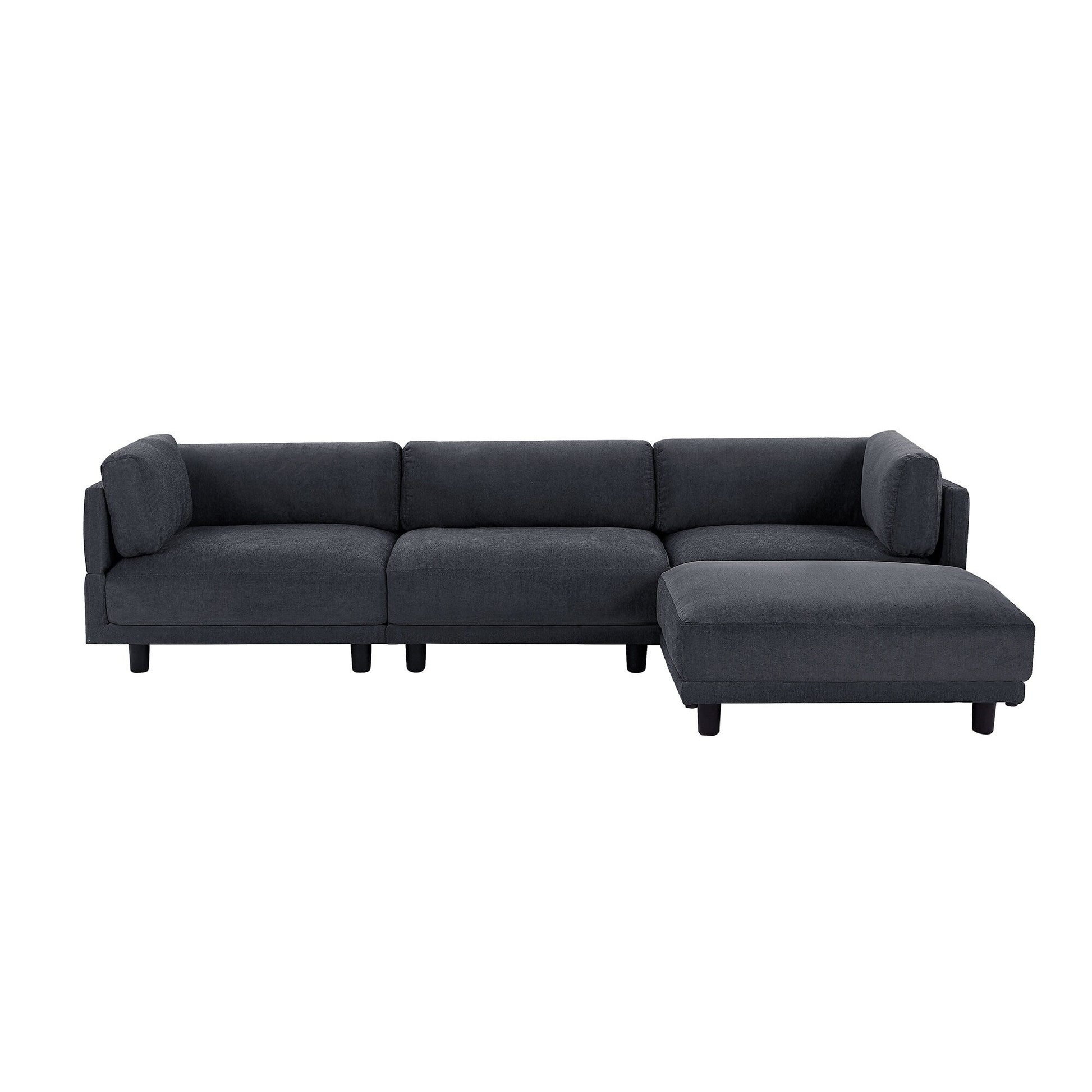 Canapé d'angle en polyester en forme de L de 260 cm avec pouf réversible, coussins moelleux et base en plastique robuste.