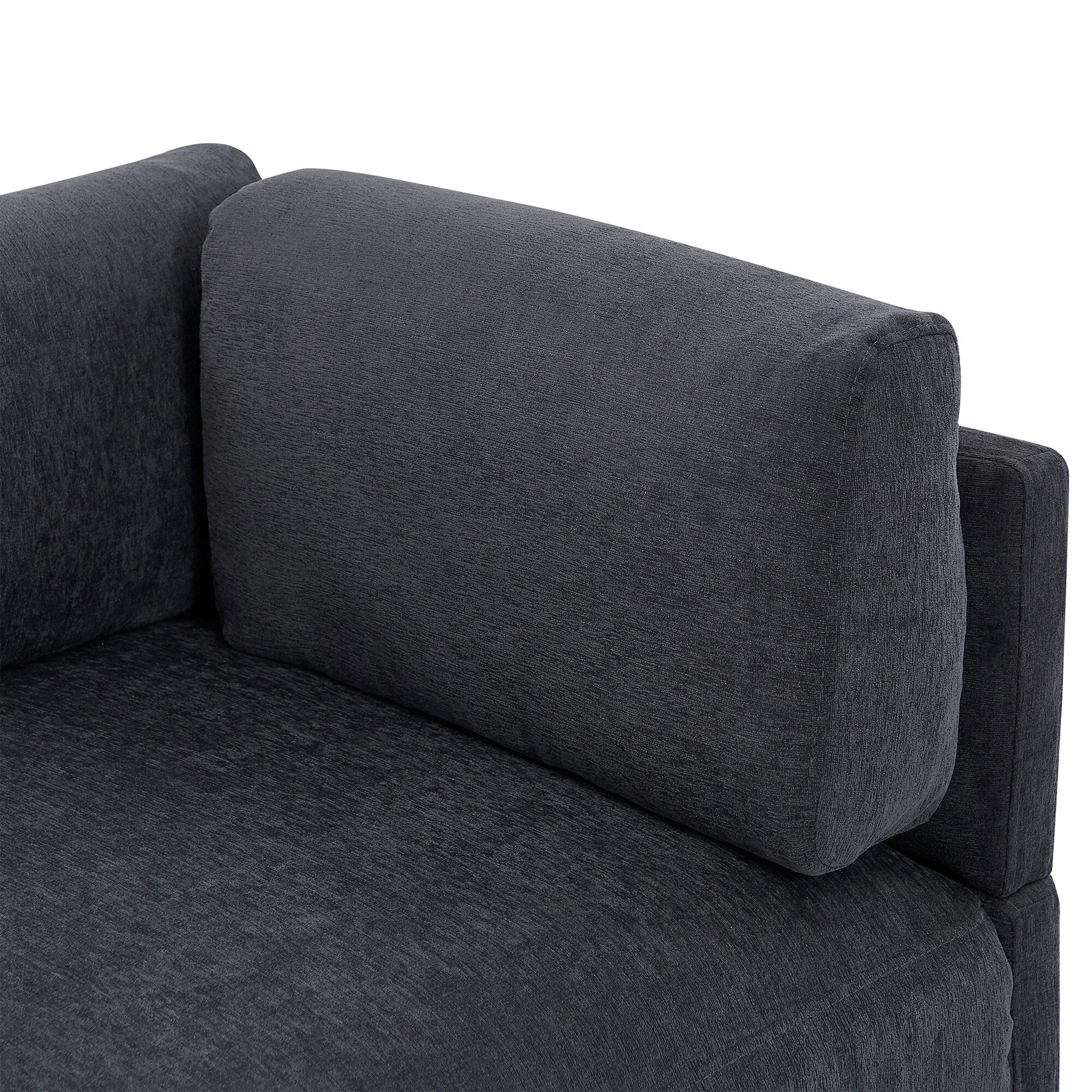 Canapé d'angle en polyester en forme de L de 260 cm avec pouf réversible, coussins moelleux et base en plastique robuste.