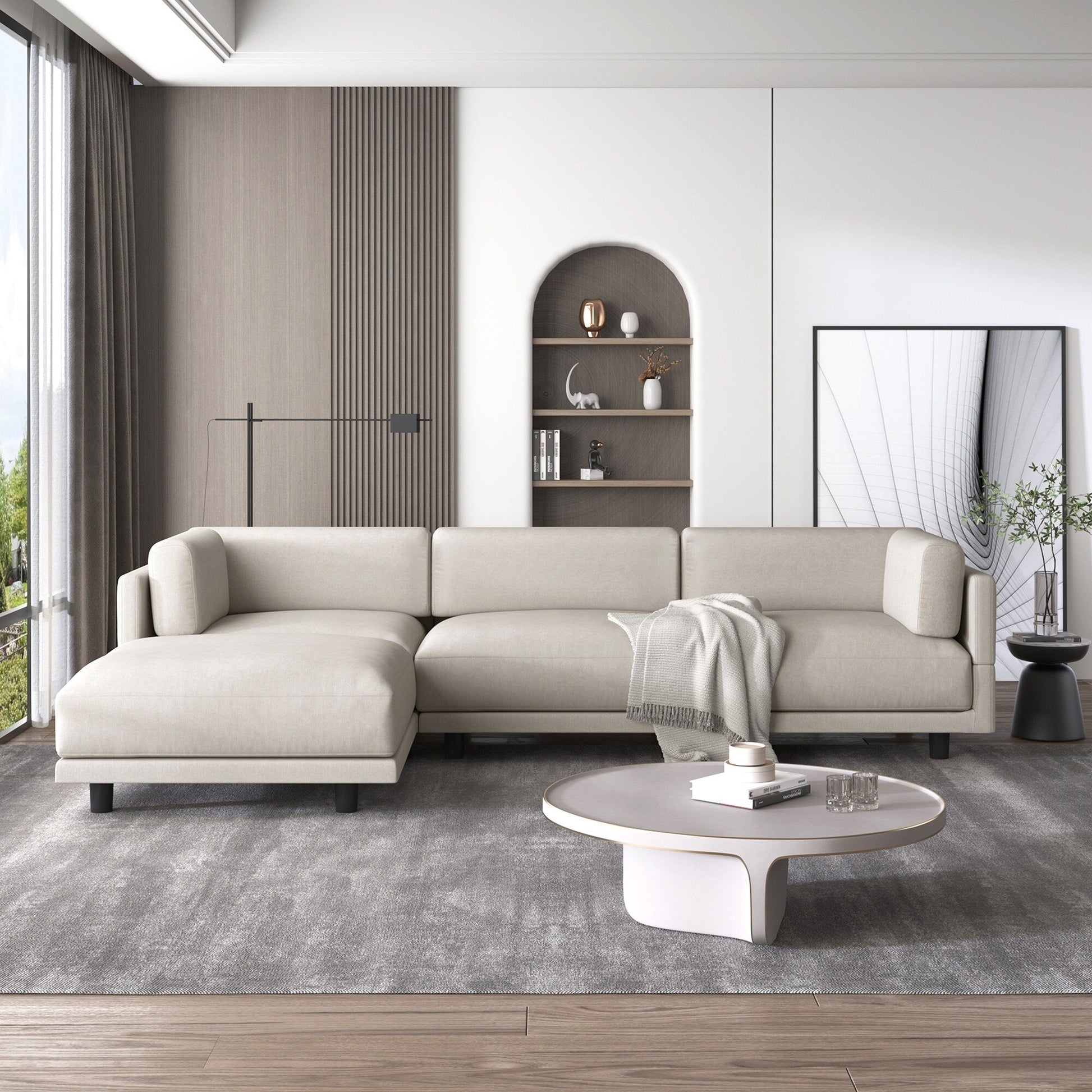 Canapé d'angle 3 places en forme de L de 260 cm (102,4 pouces) en polyester avec repose-pieds réversible, coussins épais et pieds en plastique durables.