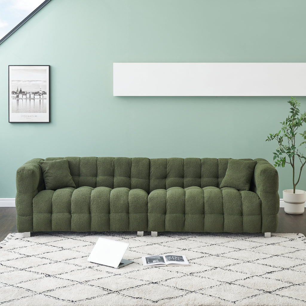 Canapé 4 places en velours Teddy de 259 cm avec pieds en métal et coussins décoratifs, design moderne multidirectionnel pour salon.