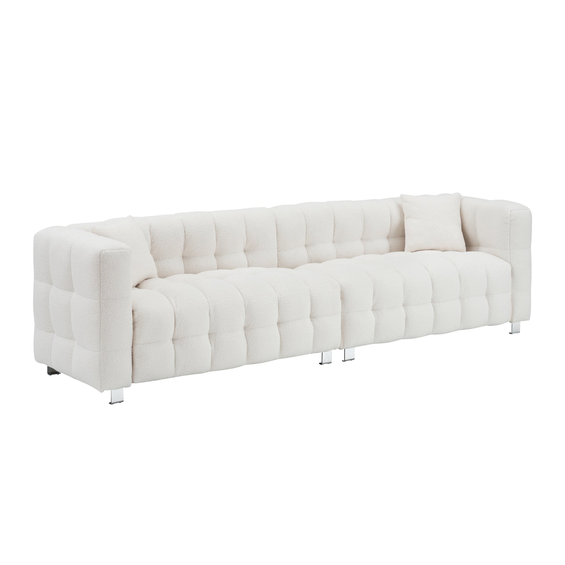 Canapé 4 places en velours Teddy de 259 cm avec pieds en métal et coussins décoratifs, design moderne multidirectionnel pour salon.