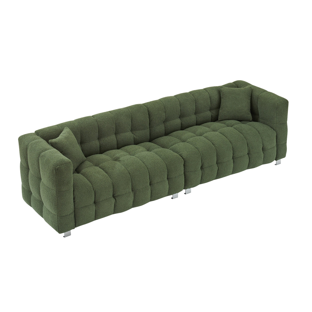 Canapé 4 places en velours Teddy de 259 cm avec pieds en métal et coussins décoratifs, design moderne multidirectionnel pour salon.