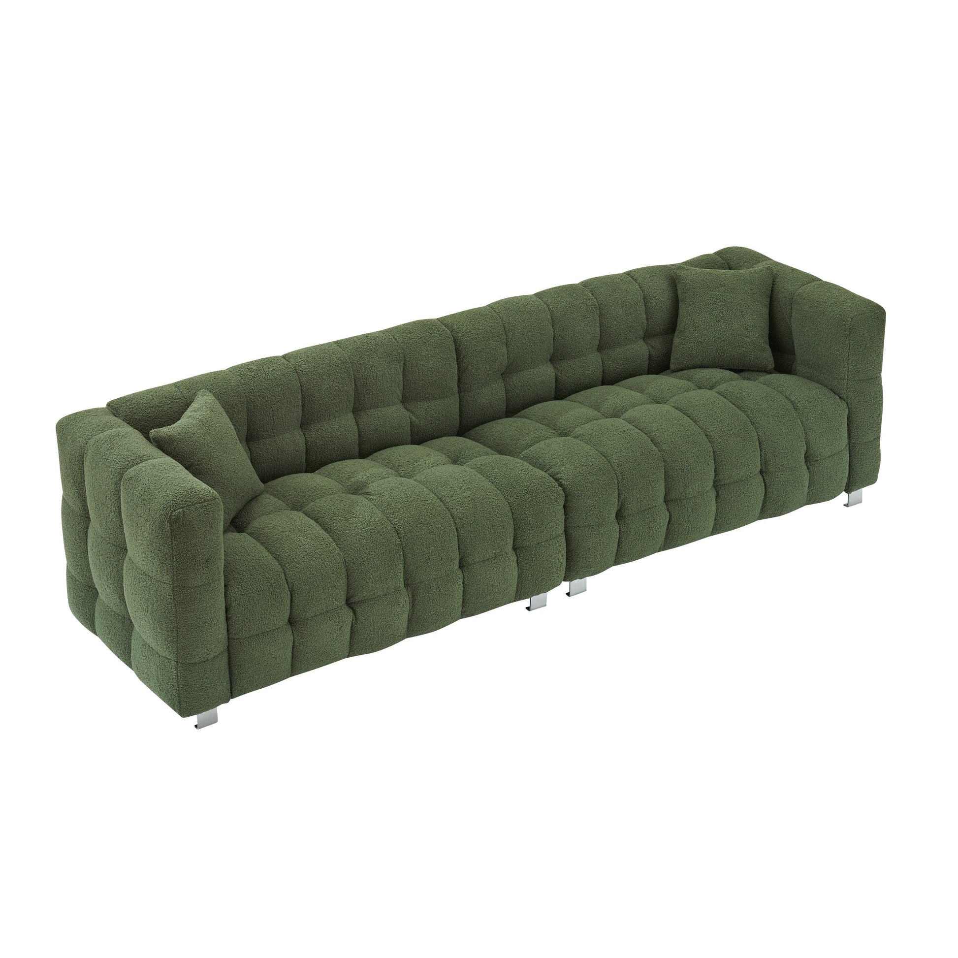 Canapé 4 places en velours Teddy de 259 cm avec pieds en métal et coussins décoratifs, design moderne multidirectionnel pour salon.