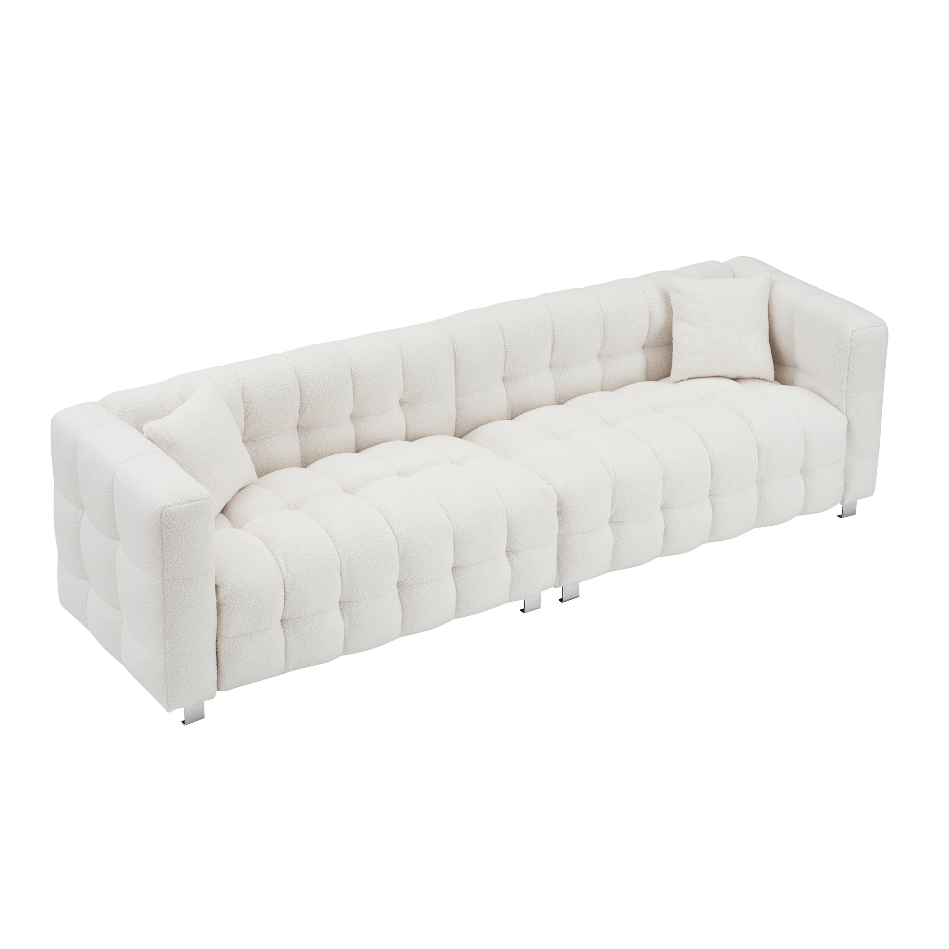 Canapé 4 places en velours Teddy de 259 cm avec pieds en métal et coussins décoratifs, design moderne multidirectionnel pour salon.