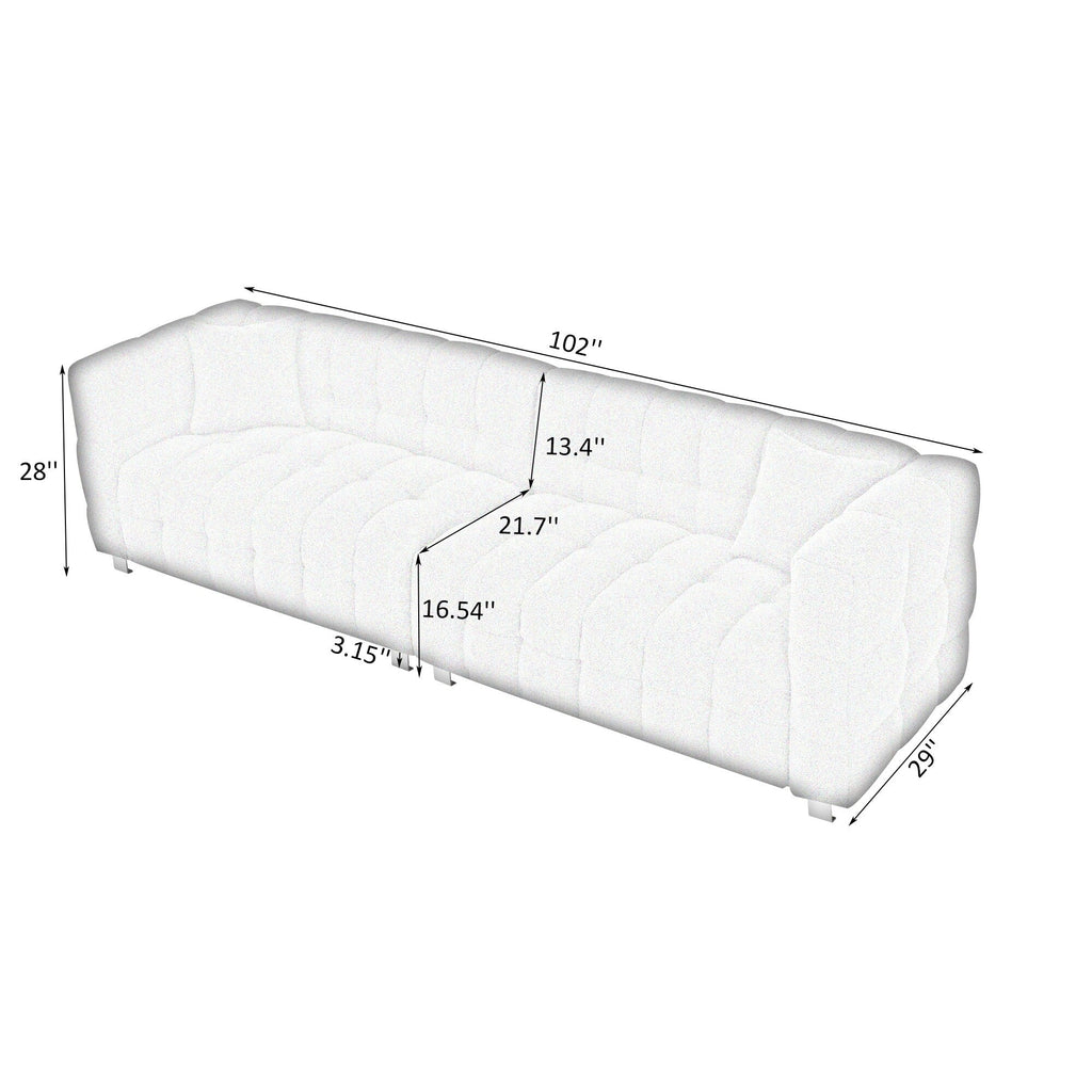 Canapé 4 places en velours Teddy de 259 cm avec pieds en métal et coussins décoratifs, design moderne multidirectionnel pour salon.