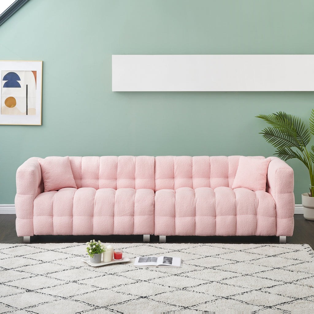 Canapé 4 places en velours Teddy de 259 cm avec pieds en métal et coussins décoratifs, design moderne multidirectionnel pour salon.