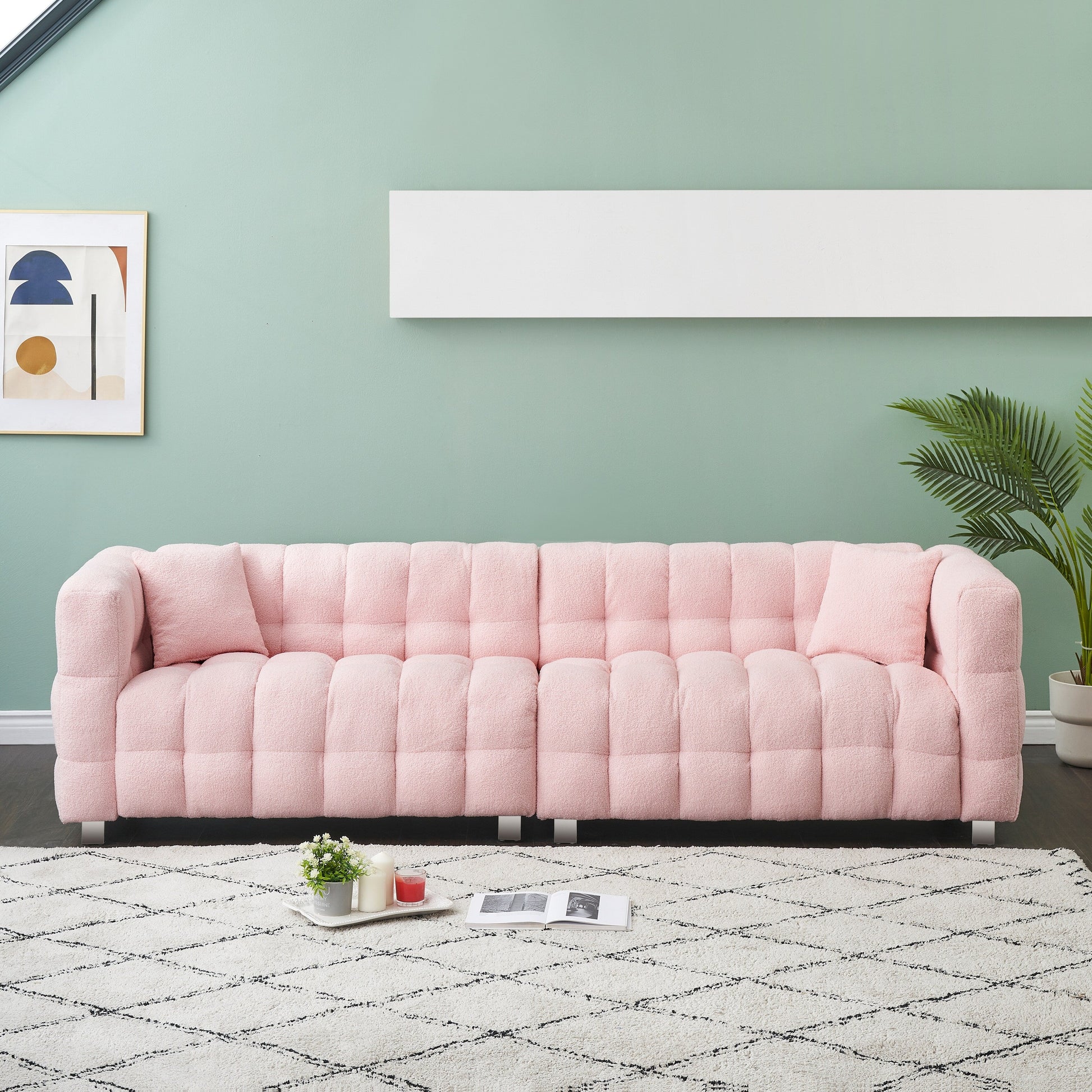 Canapé 4 places en velours Teddy de 259 cm avec pieds en métal et coussins décoratifs, design moderne multidirectionnel pour salon.