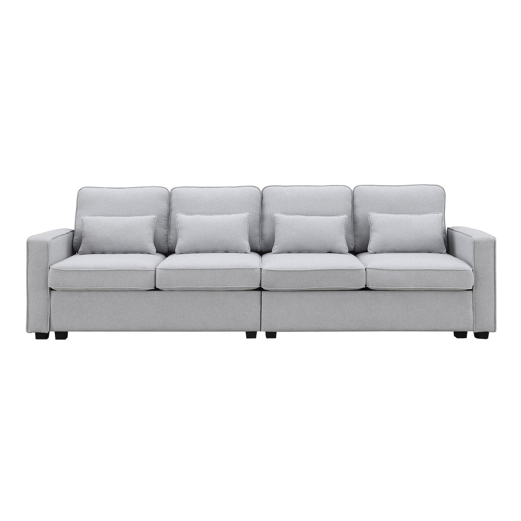 104 Canapé moderne en tissu lin 4 places avec poches sur les accoudoirs et 4 coussins