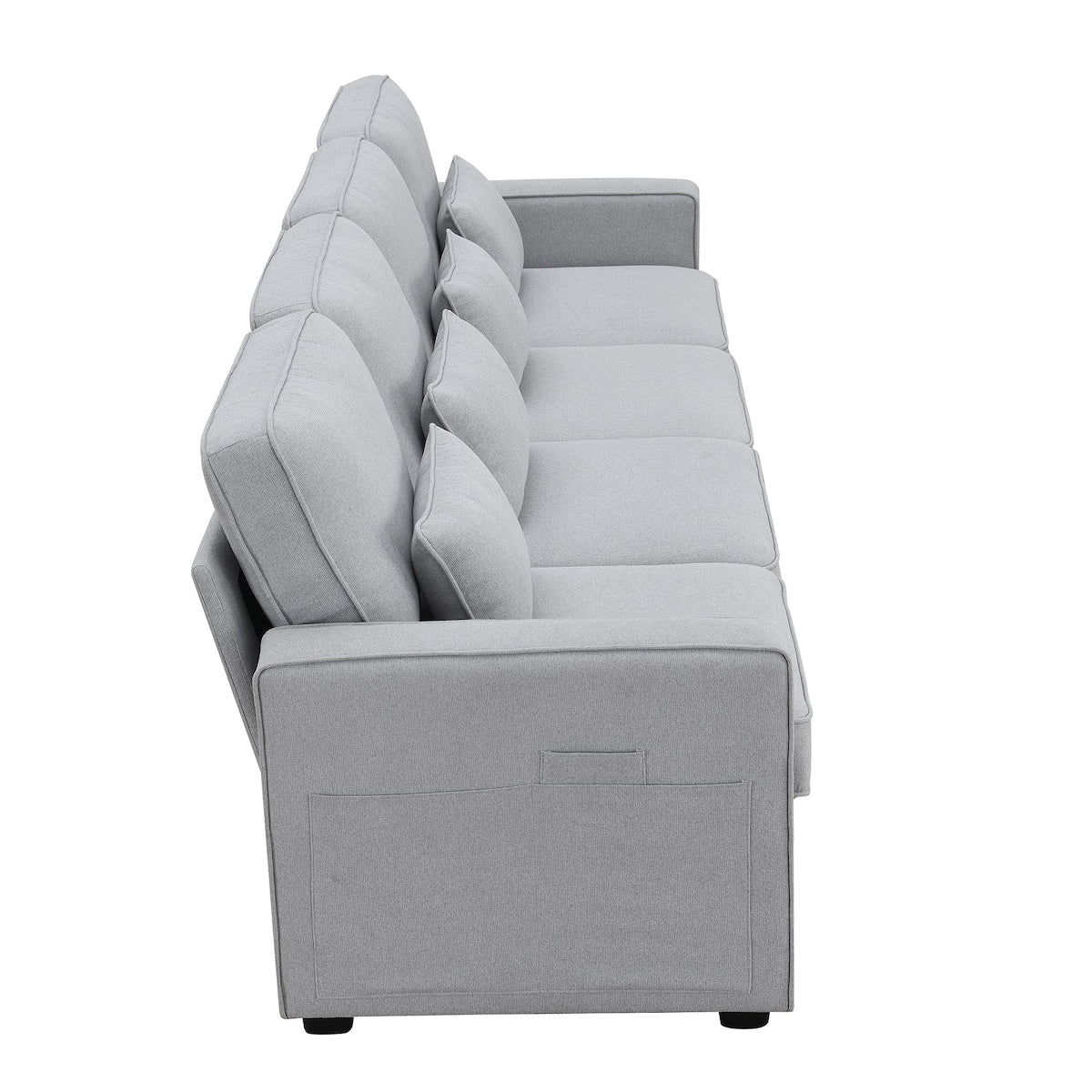 104 Canapé moderne en tissu lin 4 places avec poches sur les accoudoirs et 4 coussins