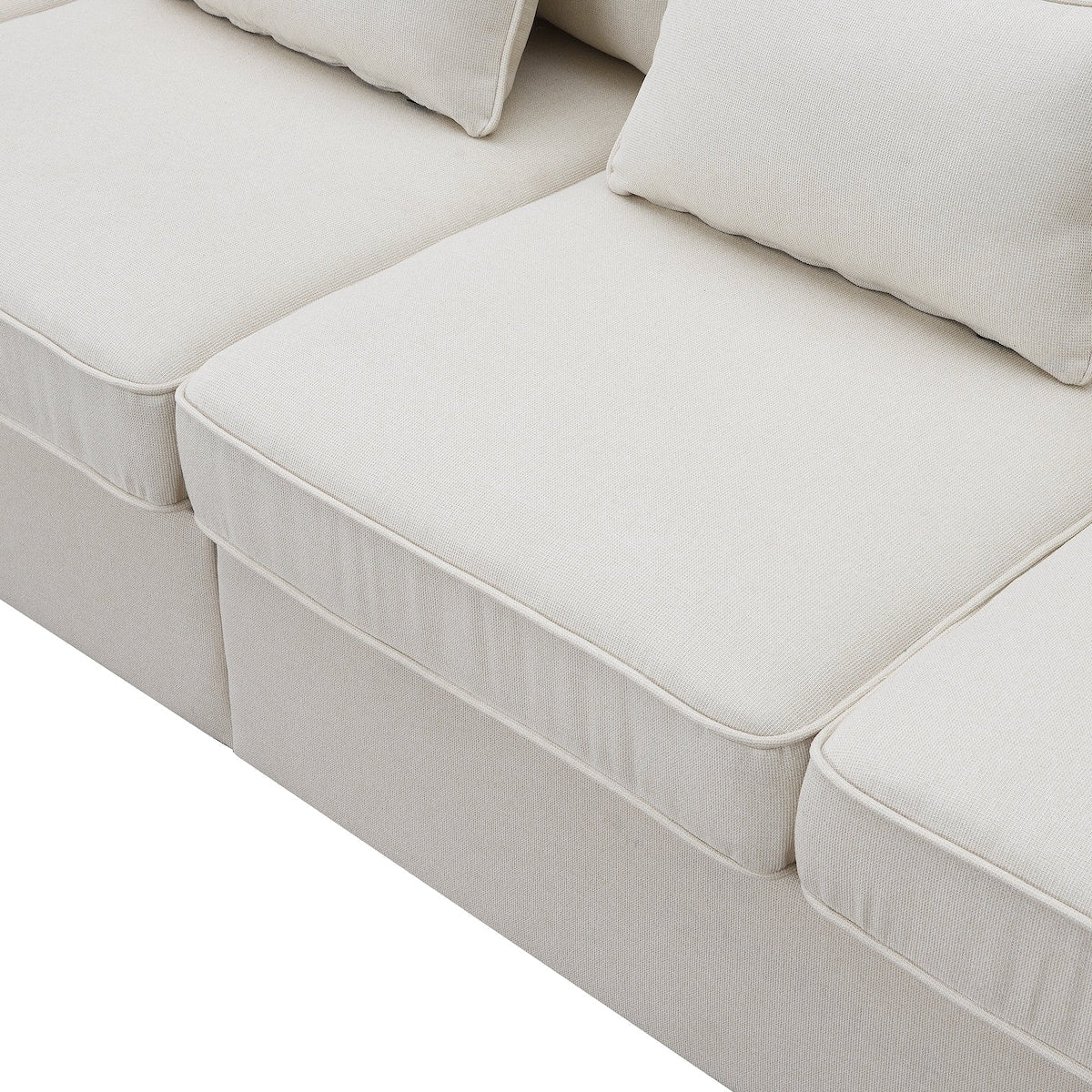 104 Canapé moderne en tissu lin 4 places avec poches sur les accoudoirs et 4 coussins