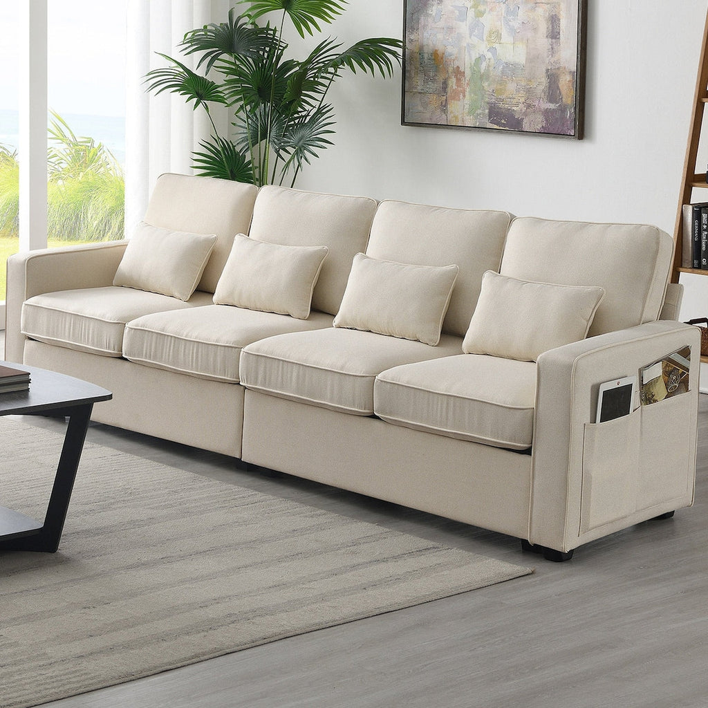 104 Canapé moderne en tissu lin 4 places avec poches sur les accoudoirs et 4 coussins
