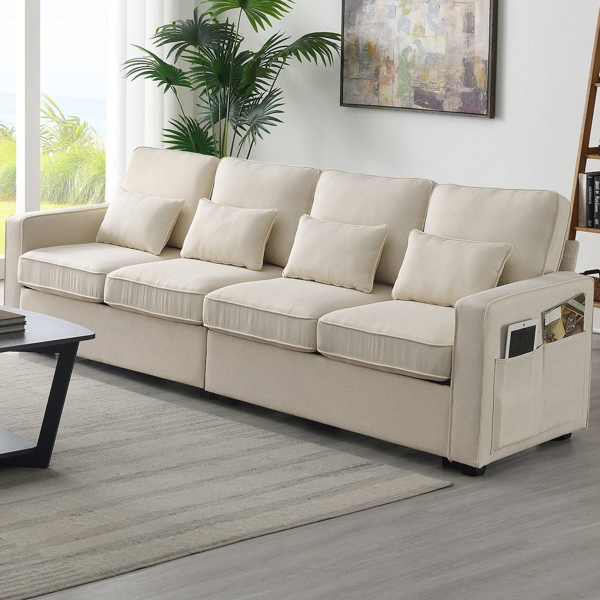 104 Canapé moderne en tissu lin 4 places avec poches sur les accoudoirs et 4 coussins