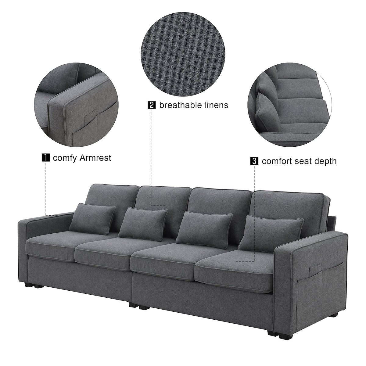 104 Canapé moderne en tissu lin 4 places avec poches sur les accoudoirs et 4 coussins