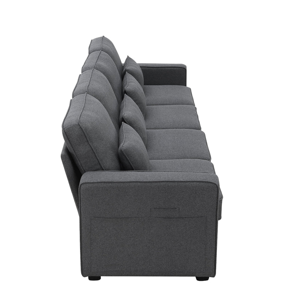 104 Canapé moderne en tissu lin 4 places avec poches sur les accoudoirs et 4 coussins