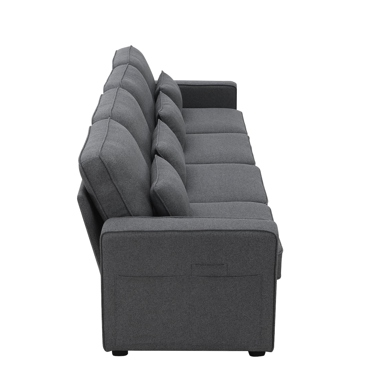 104 Canapé moderne en tissu lin 4 places avec poches sur les accoudoirs et 4 coussins