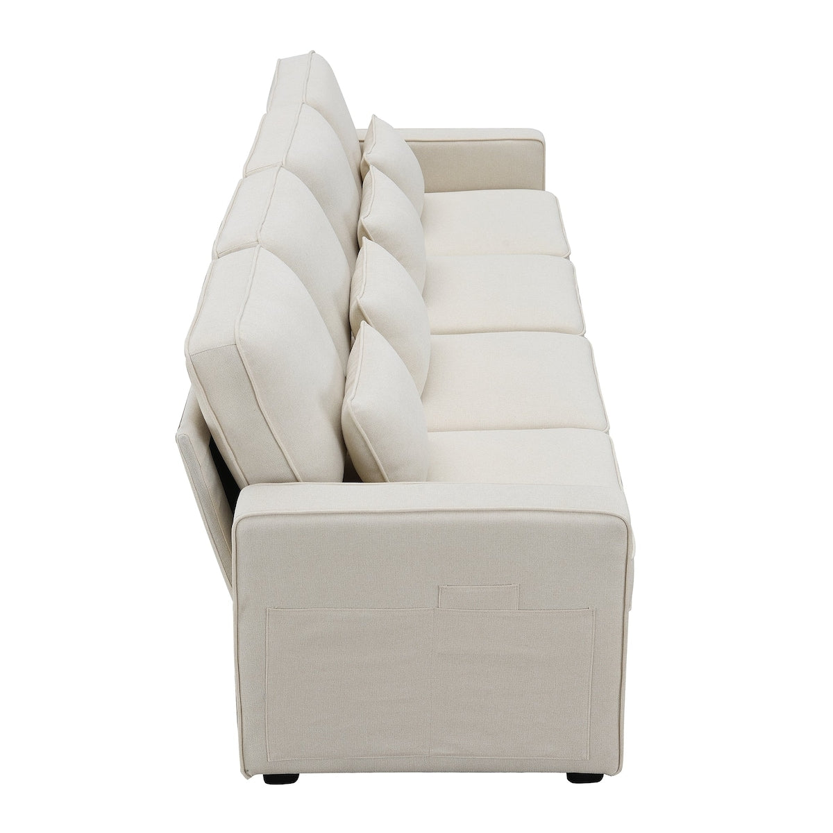 104 Canapé moderne en tissu lin 4 places avec poches sur les accoudoirs et 4 coussins