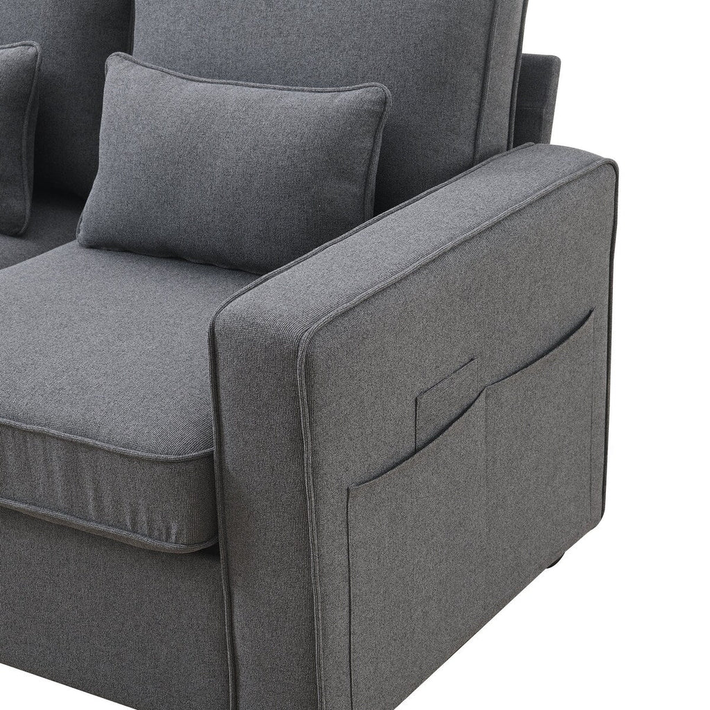 104 Canapé moderne en tissu lin 4 places avec poches sur les accoudoirs et 4 coussins