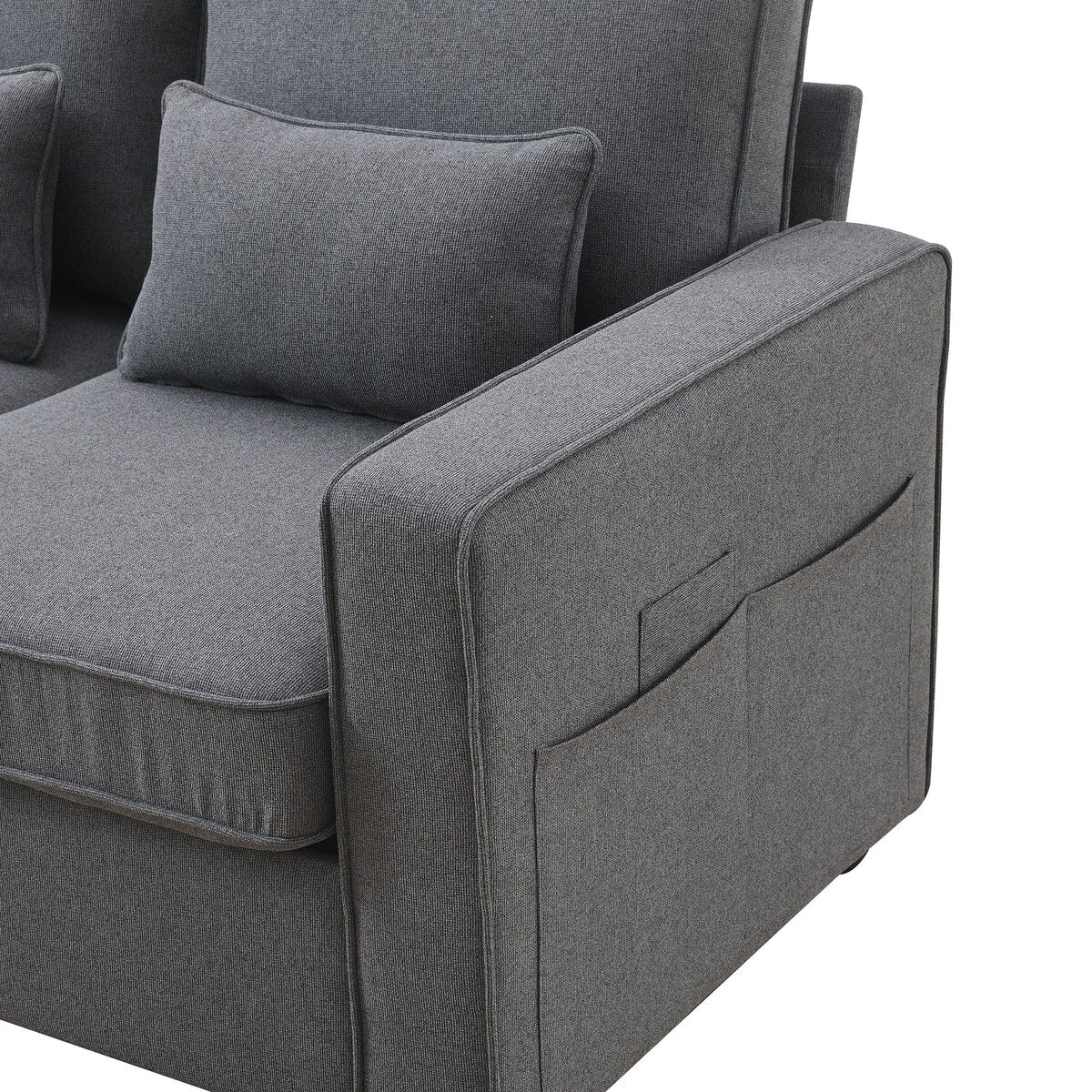 104 Canapé moderne en tissu lin 4 places avec poches sur les accoudoirs et 4 coussins