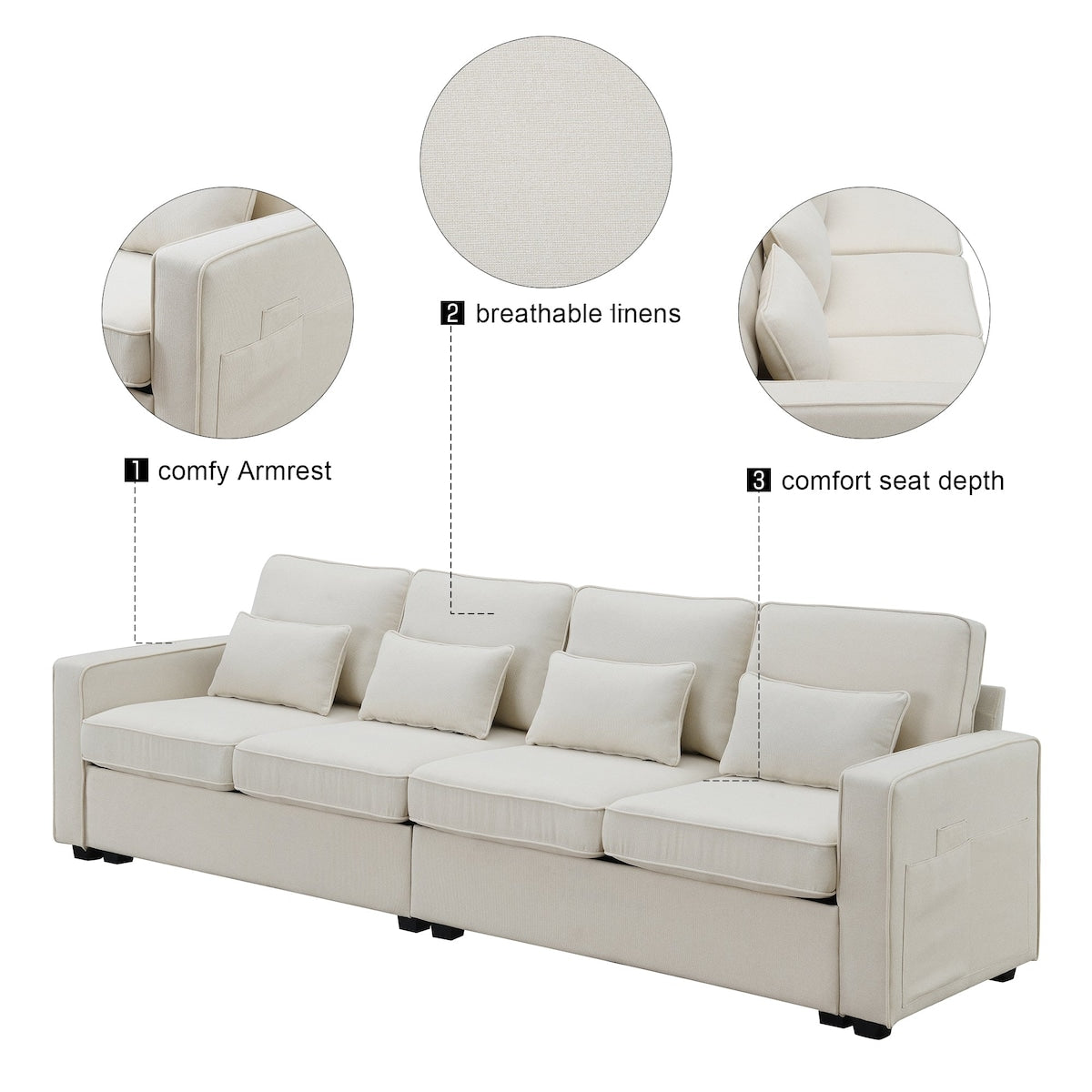 104 Canapé moderne en tissu lin 4 places avec poches sur les accoudoirs et 4 coussins