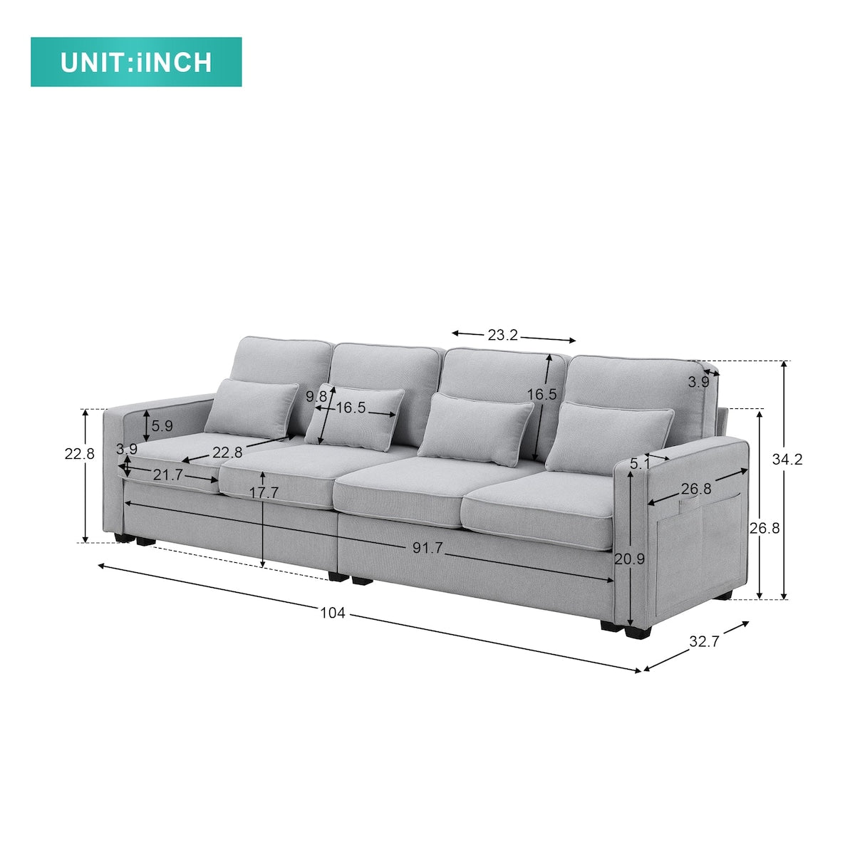 104 Canapé moderne en tissu lin 4 places avec poches sur les accoudoirs et 4 coussins