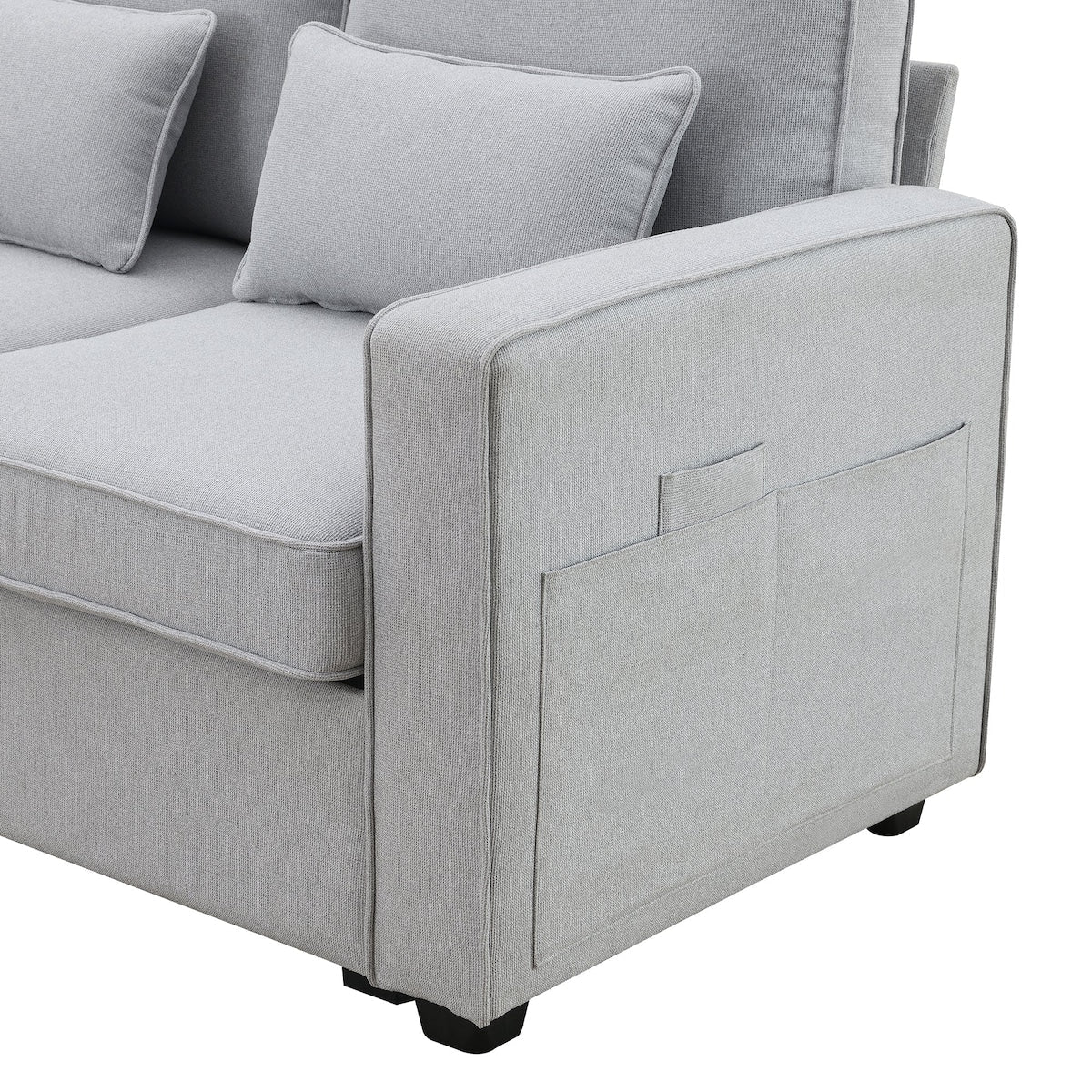104 Canapé moderne en tissu lin 4 places avec poches sur les accoudoirs et 4 coussins