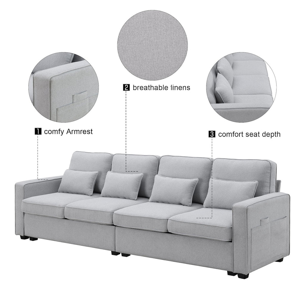 104 Canapé moderne en tissu lin 4 places avec poches sur les accoudoirs et 4 coussins
