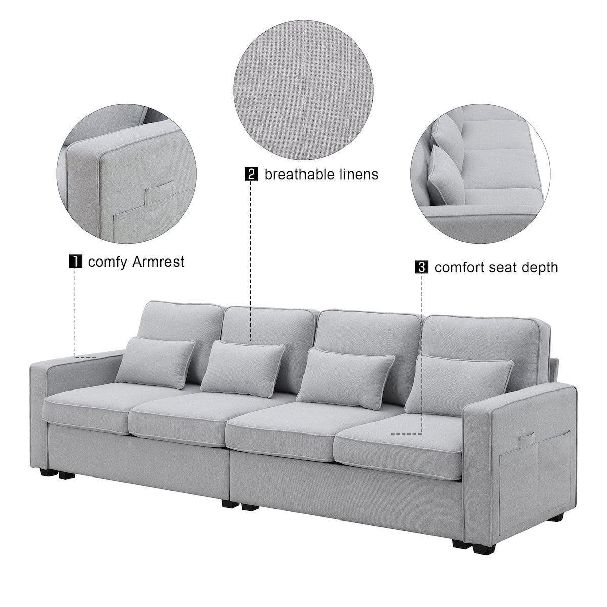 104 Canapé moderne en tissu lin 4 places avec poches sur les accoudoirs et 4 coussins