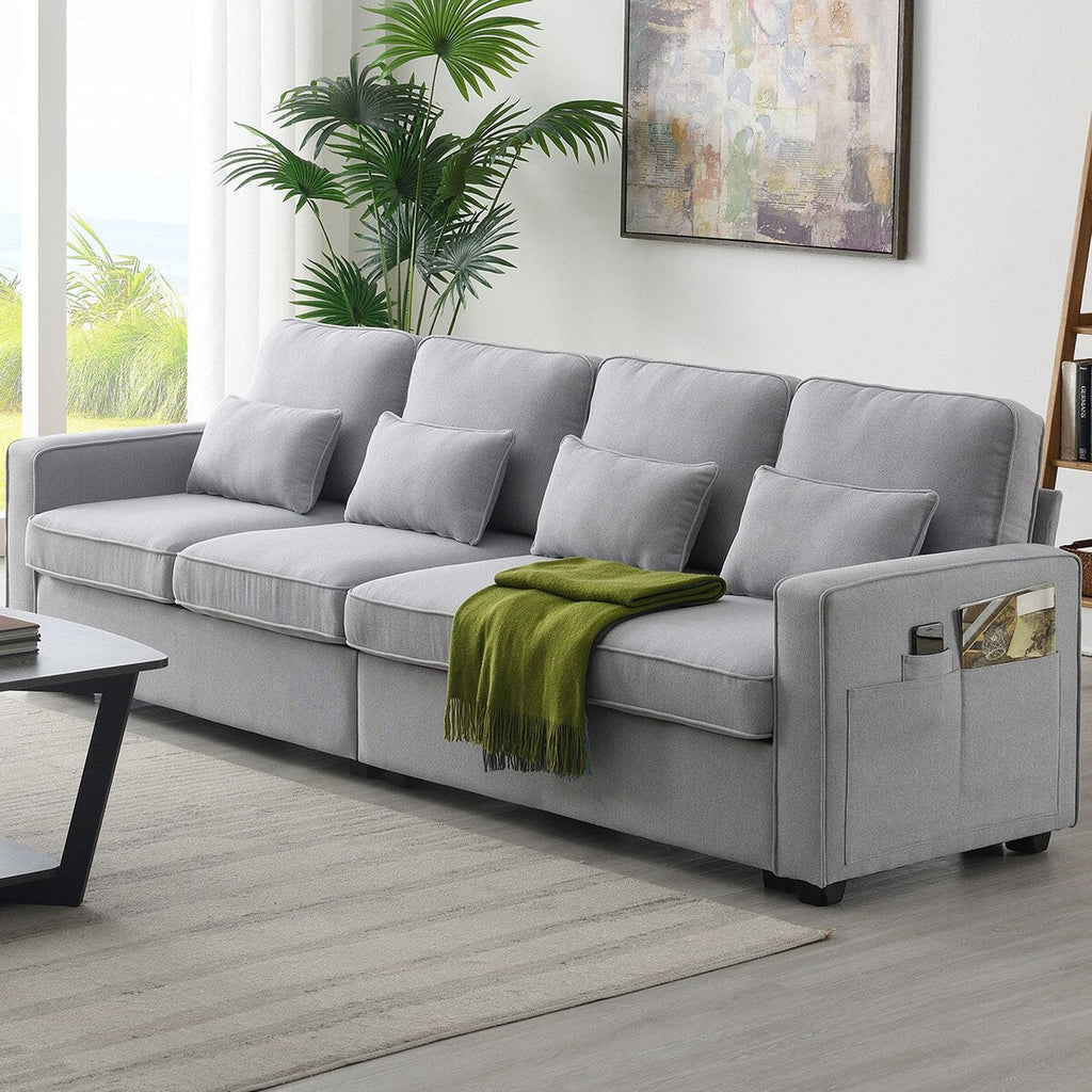 104 Canapé moderne en tissu lin 4 places avec poches sur les accoudoirs et 4 coussins