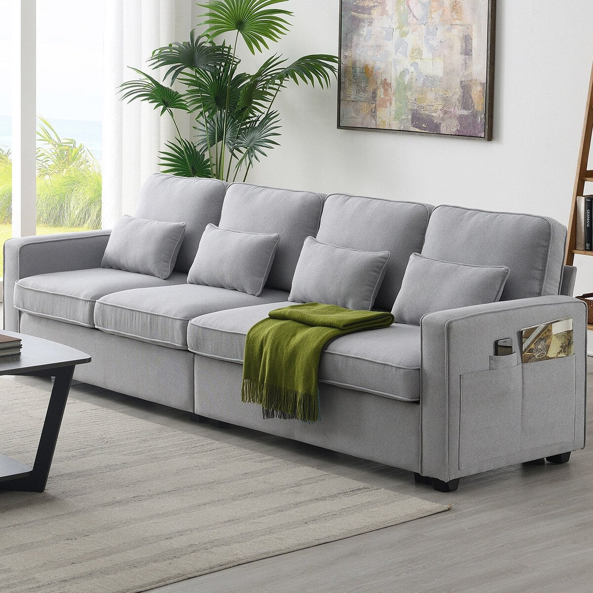 104 Canapé moderne en tissu lin 4 places avec poches sur les accoudoirs et 4 coussins