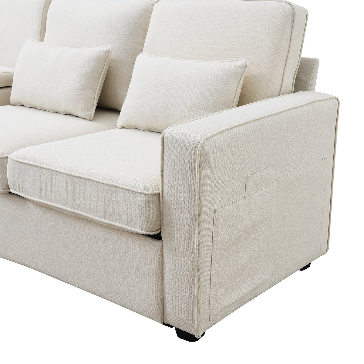 104 Canapé moderne en tissu lin 4 places avec poches sur les accoudoirs et 4 coussins