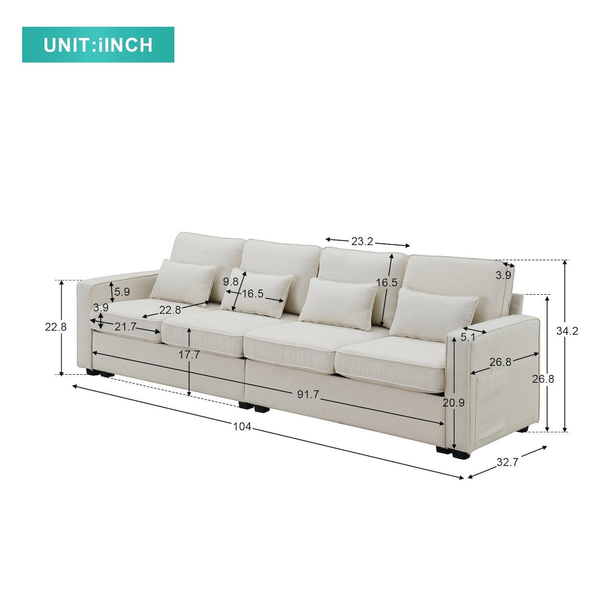 104 Canapé moderne en tissu lin 4 places avec poches sur les accoudoirs et 4 coussins