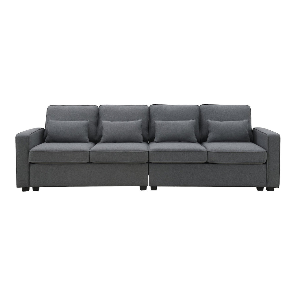 104 Canapé moderne en tissu lin 4 places avec poches sur les accoudoirs et 4 coussins
