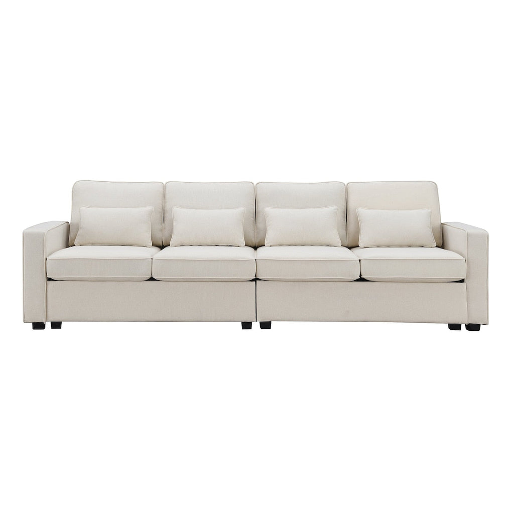 104 Canapé moderne en tissu lin 4 places avec poches sur les accoudoirs et 4 coussins