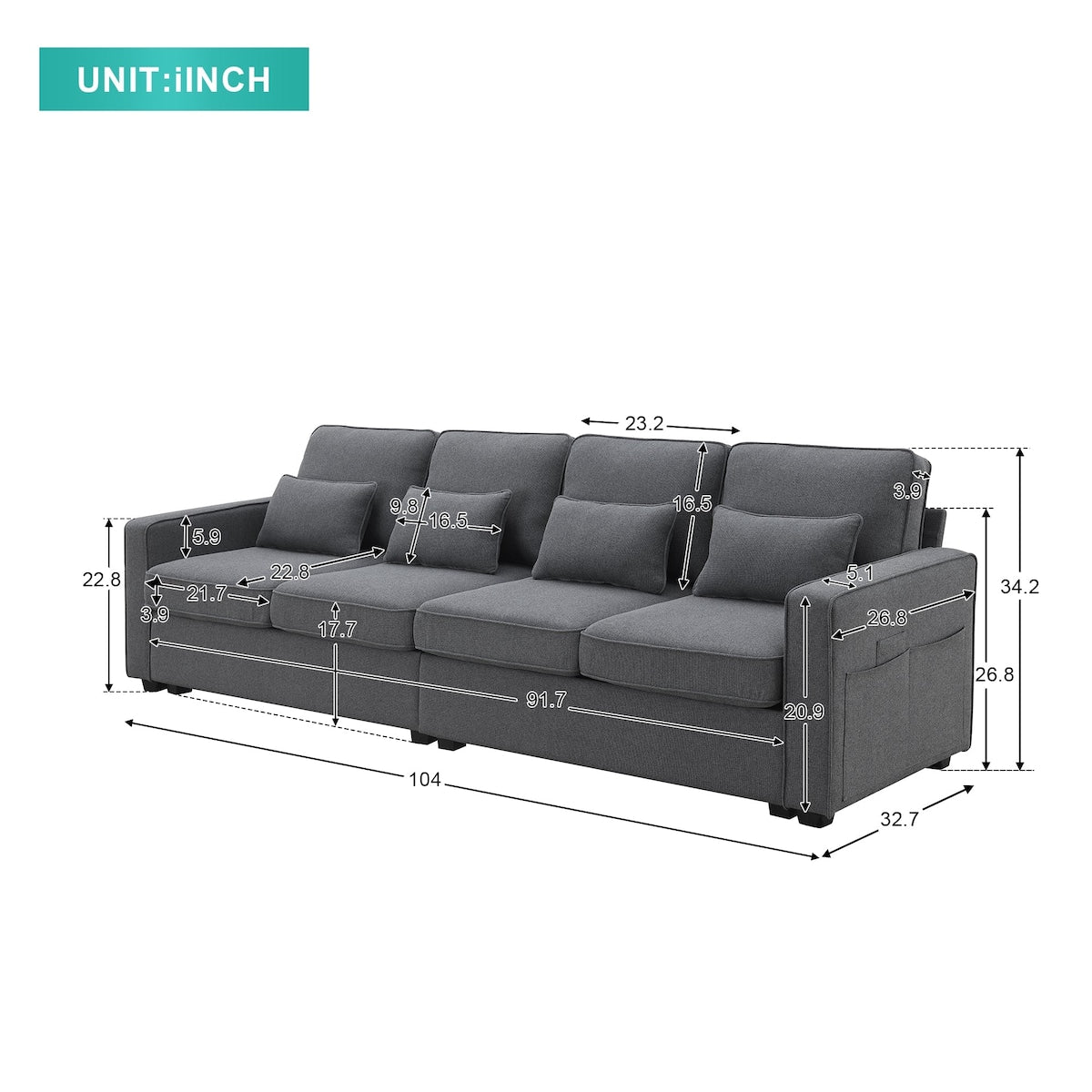 104 Canapé moderne en tissu lin 4 places avec poches sur les accoudoirs et 4 coussins
