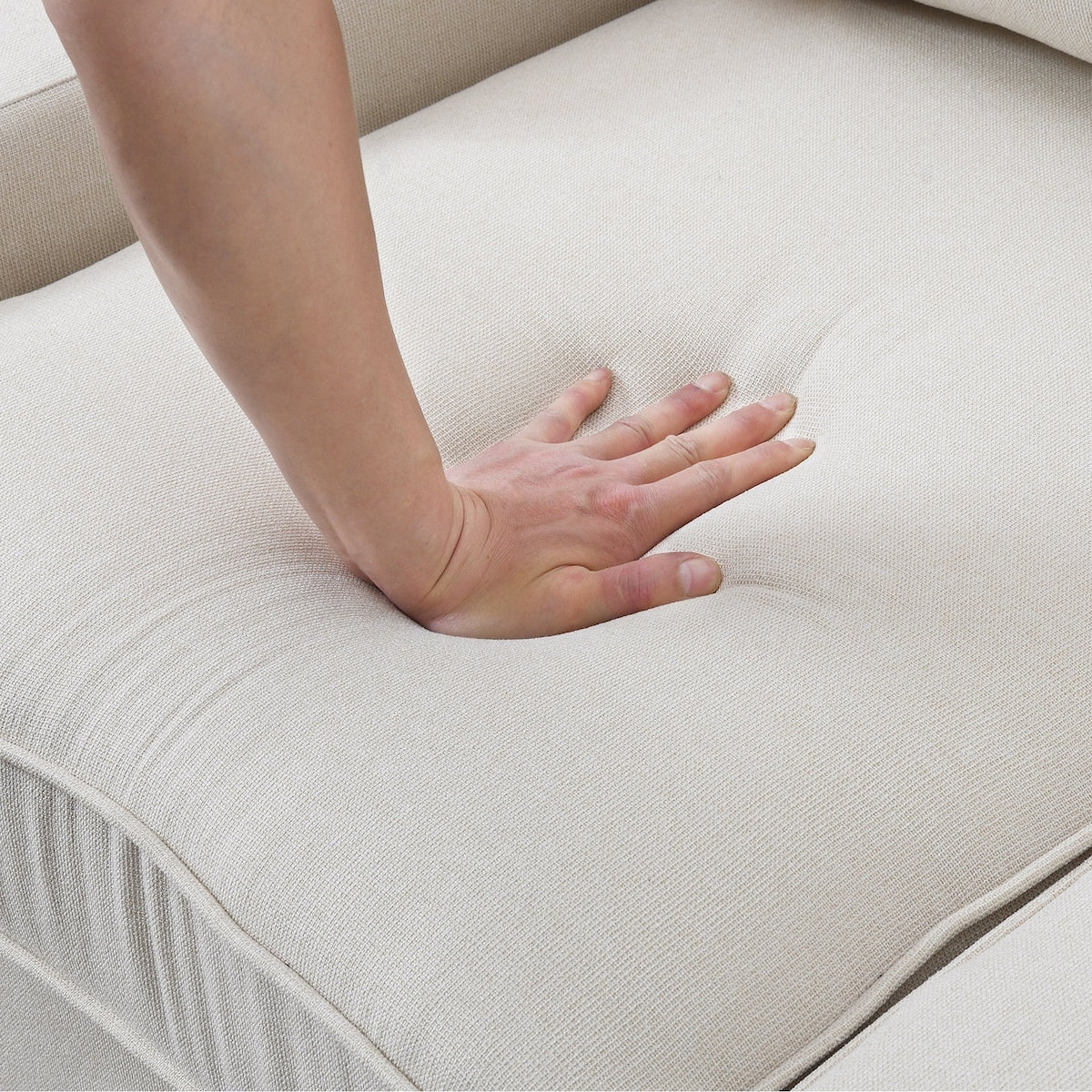 104 Canapé moderne en tissu lin 4 places avec poches sur les accoudoirs et 4 coussins