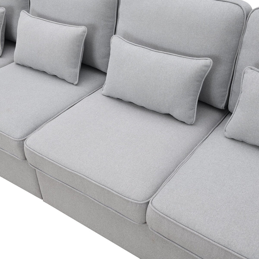 104 Canapé moderne en tissu lin 4 places avec poches sur les accoudoirs et 4 coussins