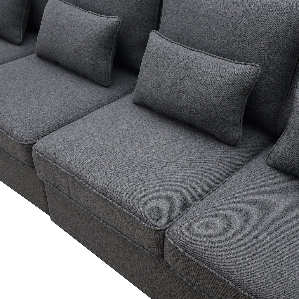 104 Canapé moderne en tissu lin 4 places avec poches sur les accoudoirs et 4 coussins