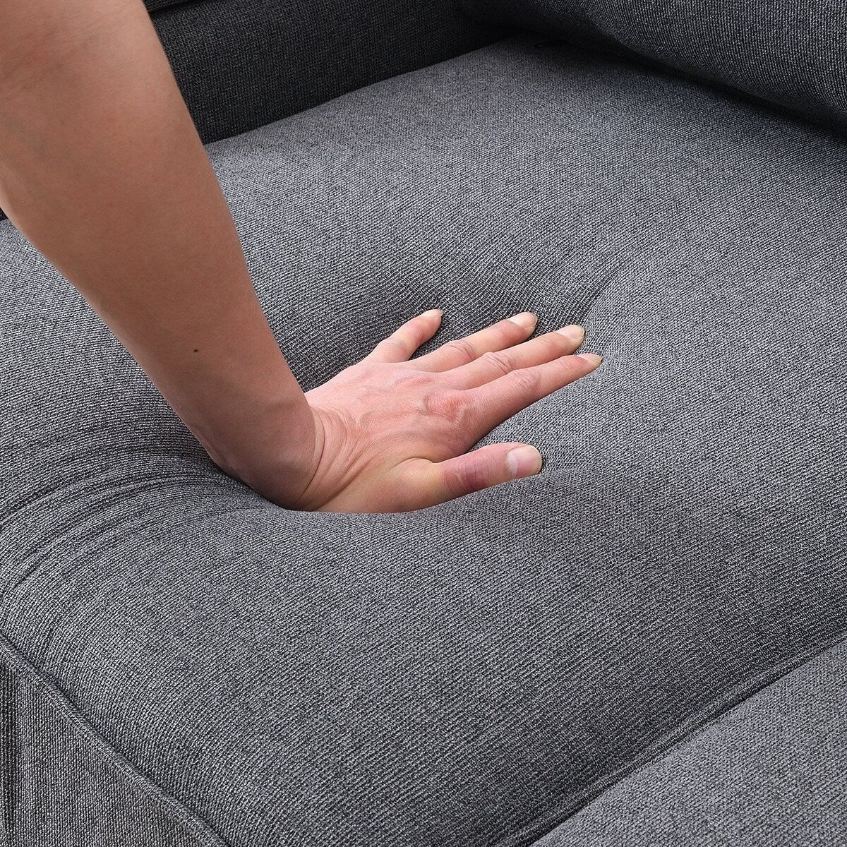 104 Canapé moderne en tissu lin 4 places avec poches sur les accoudoirs et 4 coussins
