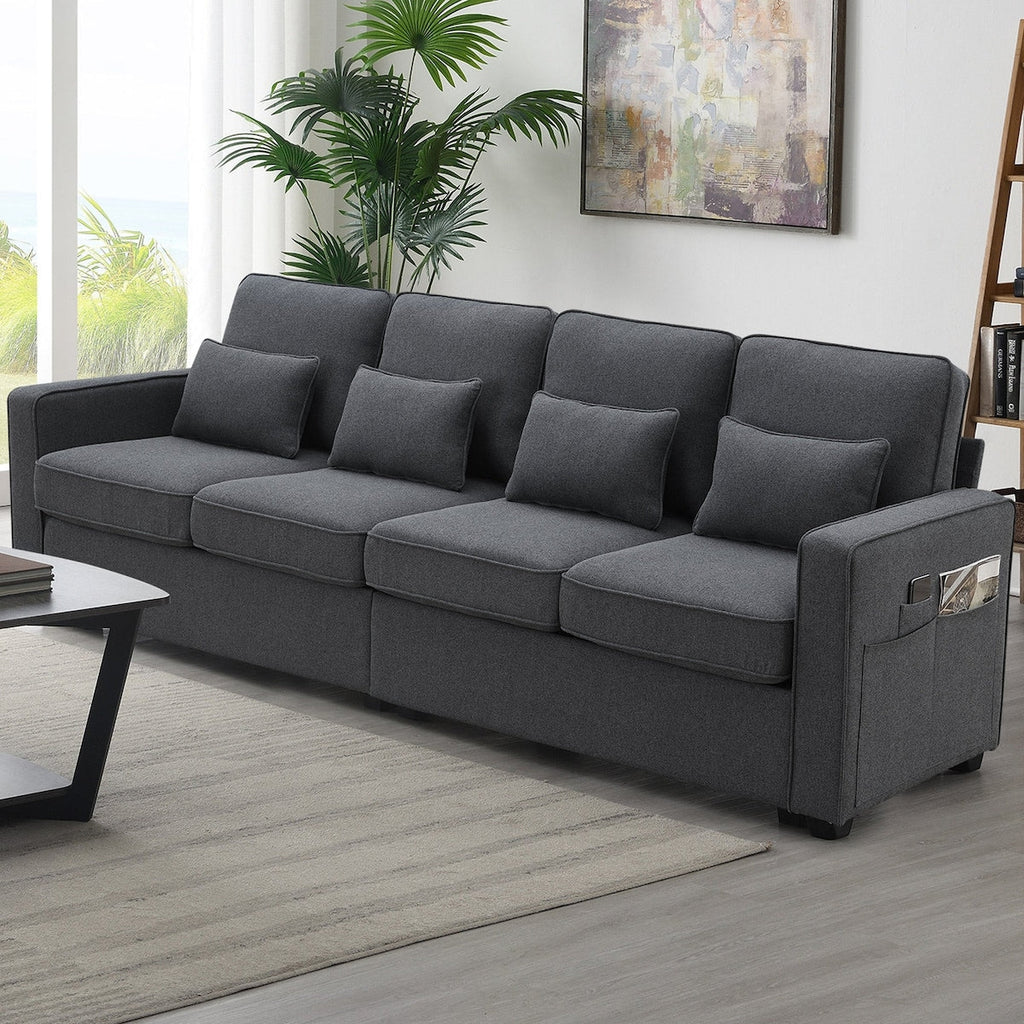 104 Canapé moderne en tissu lin 4 places avec poches sur les accoudoirs et 4 coussins