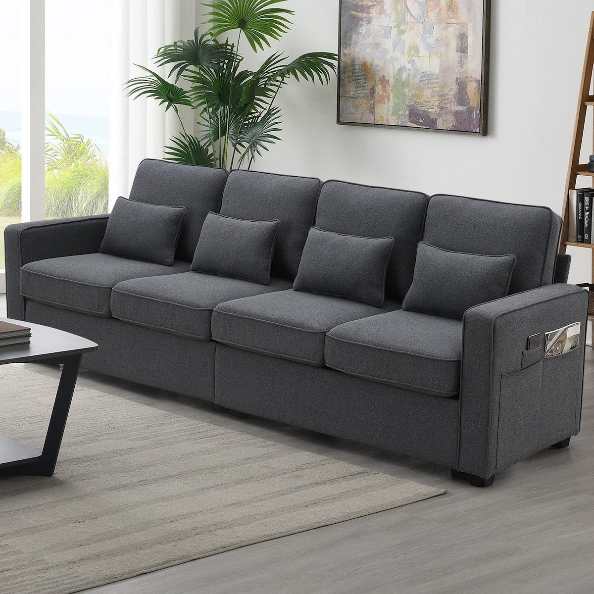 104 Canapé moderne en tissu lin 4 places avec poches sur les accoudoirs et 4 coussins