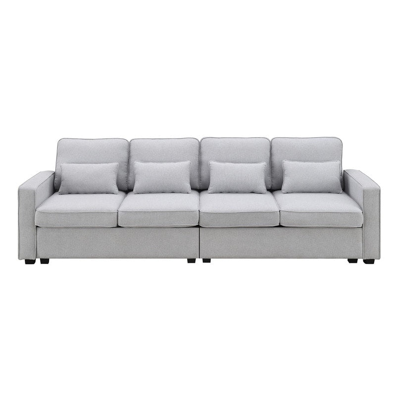 Canapé recouvert de tissu, 104, avec accoudoirs à poches et 4 coussins, canapé moderne en tissu lin, style minimaliste, 4 places.